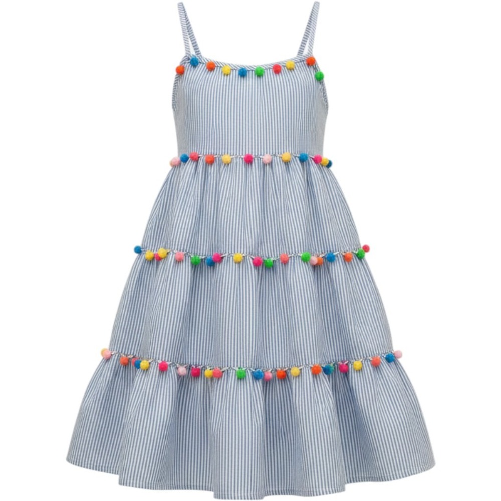 Tommy Bahama Girls Blue White Seersucker Pom Pom Tiered Sundress Size 6
